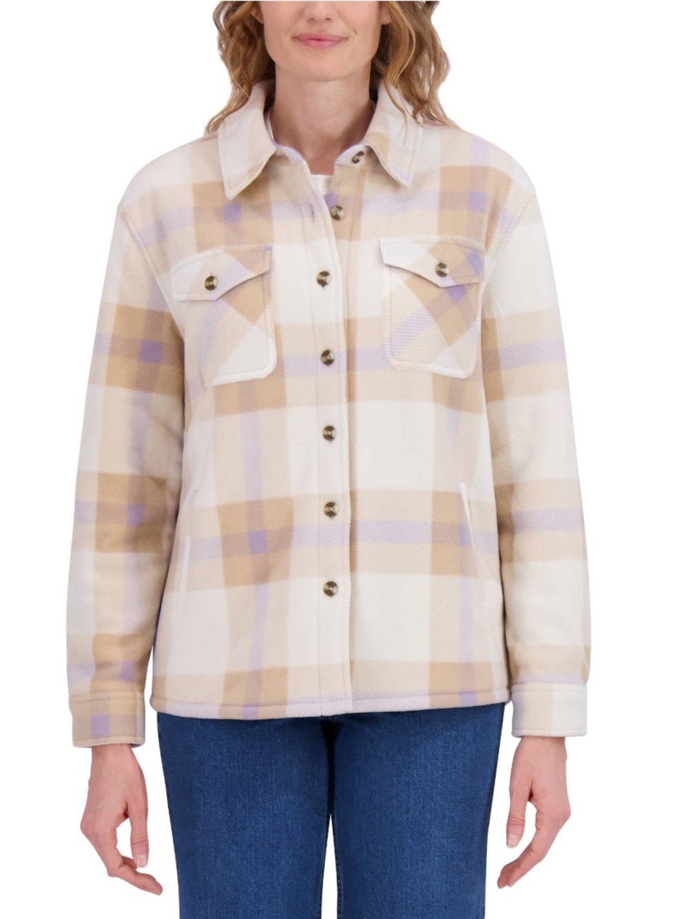 Sage Plush Shirt Jacket / Shacket Cream and Light Purple Medium